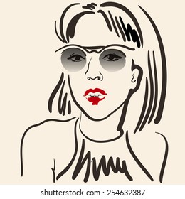 Fashion sketch of stylish woman with sunglasses and red lips on the milky background. Hand drawn sketch.