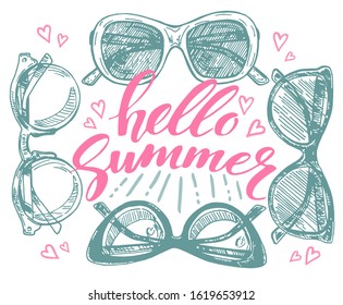 Fashion sketch Sunglasses illustration with text hello summer. Vector design. Artistic sketch drawing. Creative ink art work