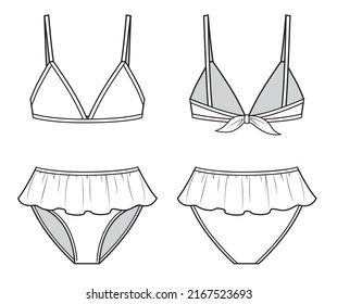 Fashion sketch of swimming suits for children in bikinis and bra