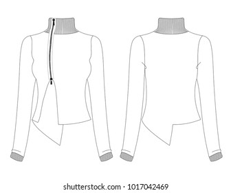 Fashion sketch template of female assymetric styled jacket isolated on white background