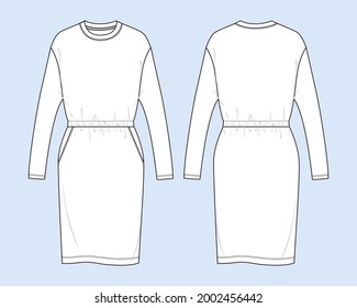 Fashion sketch template for women’s. long sleeve round neck body knee length dress in front and back views isolated on light blue background. Technical fashion drawing vector art illustration.