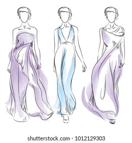 Fashion sketch. Vector illustration. Model in a long beautiful dress walks on the runway