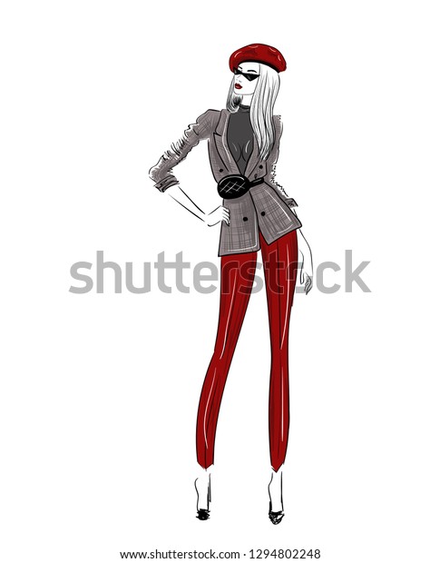 fashion sketch of woman figure in red beret