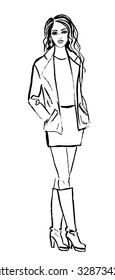 Fashion sketch of woman in jacket, dress and boots