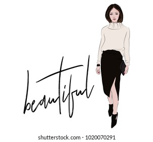 Fashion sketch. Woman in knitted sweater and midi skirt casual business illustration. Magazine portrait stylish look. Street style beautiful outfit. Blogger elegance going out outfit. 