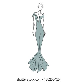 Fashion sketch of a woman in a long grey dress. Beautiful stylish girl in in a long gown. Fashion Week 2016. Model on the runway. Elegant lady at the party. Skinny body. For posters, banners. Vector