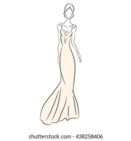 Fashion sketch of a woman in a long pink dress. Beautiful stylish girl in in a long gown. Fashion Week 2016. Model on the runway. Elegant lady at the party. Skinny body. For posters, banners. Vector