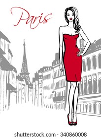 Fashion sketch of woman standing on street of Paris. Hand drawn ink sketch.