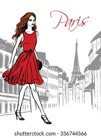 Fashion sketch of woman walking on street of Paris
