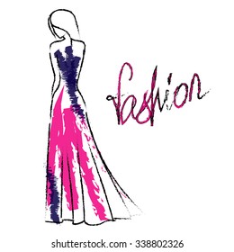 Fashion sketch, women, female silhouette in dress, shape, hand drawn