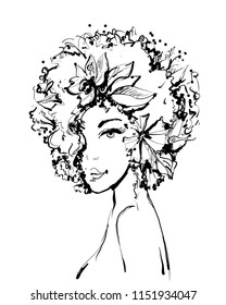 Fashion Sketch of young beautiful woman with flowers and leaves. A beautiful girl s face. Vector illustration black and white ink imitation