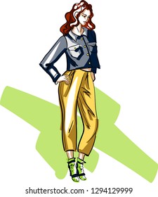 Fashion sketching. Girl in a jean jacket and yellow pants. Vector illustration.