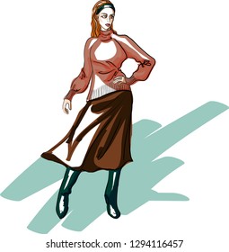 Fashion sketching. Girl in a pink sweater and brown skirt. Vector illustration.