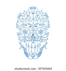 Fashion skull consists of decorative elements. Hand drawn vector illustration