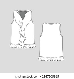 fashion sleeveless ruffles  top fancy neck ruffle frill detail at hem vest  flat sketch drawing template design vector