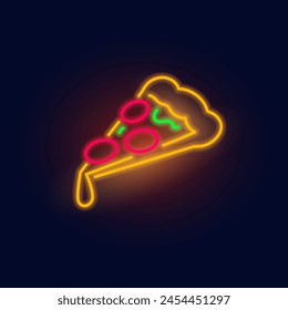 Fashion slice of pizza, neon sign. Night bright signboard, Glowing light. Summer logo, emblem for Club or bar concept