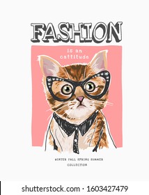 fashion slogan with cartoon cat in fashion style illustration