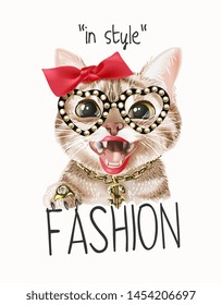 Fashion Slogan With Cute Cat On Makeup Illustration