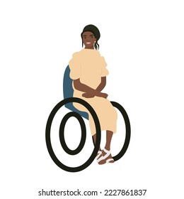 Fashion smiling disabled young woman sitting on wheelchair isolated on white. Flat handicapped stylish girl character. Living with disability, equal opportunities. Vector illustration