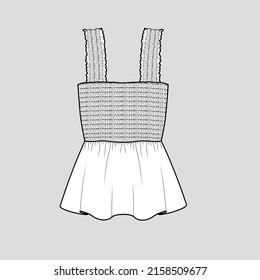 Fashion Smocked  top Sleeveless smocking detail peplum dress top clothing flat sketch technical drawing template design vector