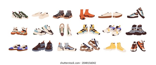Fashion sneakers collection. Modern sports shoes with different soles and colors. Trendy sportswear for man and woman. Footwear designs. Flat vector illustration isolated on white background