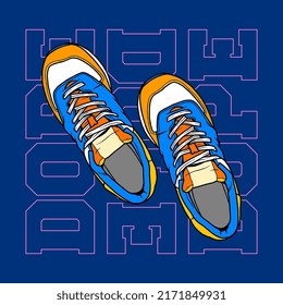 Fashion sneakers illustration in colorful drawings, digital graphics sneakers vector line art isolated, shoe illustration template.