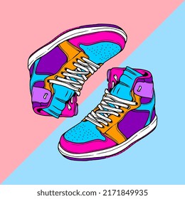 Fashion sneakers illustration in colorful drawings, digital graphics sneakers vector line art isolated, shoe illustration template.