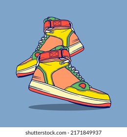 Fashion sneakers illustration in colorful drawings, digital graphics sneakers vector line art isolated, shoe illustration template.