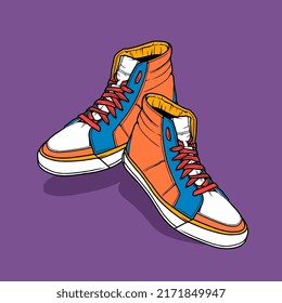 Fashion sneakers illustration in colorful drawings, digital graphics sneakers vector line art isolated, shoe illustration template.