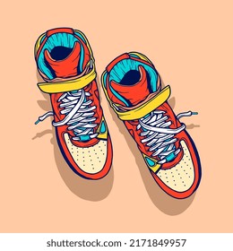 Fashion sneakers illustration in colorful drawings, digital graphics sneakers vector line art isolated, shoe illustration template.