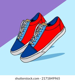 Fashion sneakers illustration in colorful drawings, digital graphics sneakers vector line art isolated, shoe illustration template.