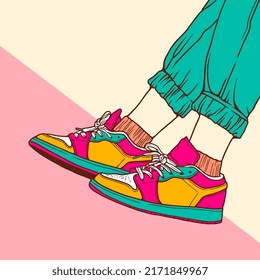 Fashion sneakers illustration in colorful drawings, digital graphics sneakers vector line art isolated, shoe illustration template.