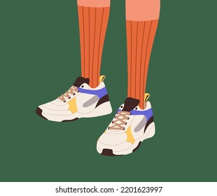 Fashion sneakers and long socks on women feet. Modern trendy sport shoes, girls athletic footwear on female legs. Stylish sporty comfortable leather footgear model. Colored flat vector illustration