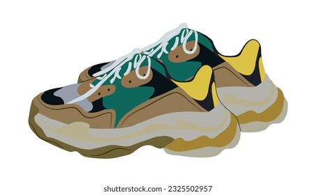 Fashion sneakers. Modern sports shoes. Trendy sportswear for man and woman. Cool bright sport footwear. Flat vector realistic illustration isolated on white background.