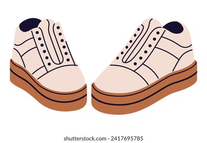 Fashion sneakers pair. Gumshoes with chunky sole. Stylish shoes in sport style. Modern footwear, boots for walking. Trainers model for streets. Flat isolated vector illustration on white background