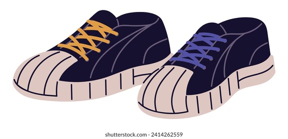 Fashion sneakers with rubber toe. Stylish gumshoes with multicolor laces. Sport shoes pair in urban style. Training footwear, boots, walking trainers. Flat isolated vector illustration on white