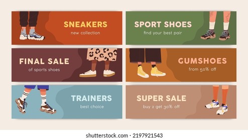 Fashion sneakers sale, advertising banners designs set. Sports shoes shop, footwear store discount, seasonal offer, ad promotion background templates with trainers, gumshoes. Flat vector illustrations