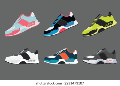 fashion sneakers shoe icon set for training and fitness. spring, bounce, running, sport shoe vector illustration.