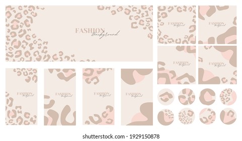 Fashion social media kit. Banner, stories, posts and highlights templates.  Vector backgrounds with fashion leopard print