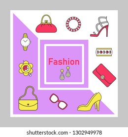 Fashion social media posts mockup. Online shopping. Ad web banner template. Accessories store. Social network booster, content layout. Isolated promotion frame with copyspace, headlines, linear icons