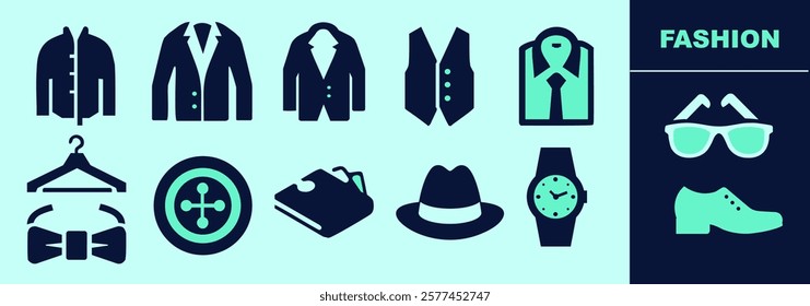 Fashion SOLID icon set. Clothing and accessories, pullover, blazer, suit jacket, shirt, vest, bowtie, hanger, button, wallet, hat, watch, glasses, suit shoes. Editable elements, size and color.