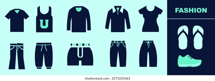 Fashion SOLID icon set for logo and digital work. Fashion silhouettes of clothing, t-shirt, trousers, shorts, jeans, long sleeved, sweatshirt, tank-top, flip-flops. Editable elements, size and color.