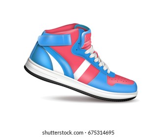 Fashion sport sneaker in red and blue colors on white background realistic vector illustration  