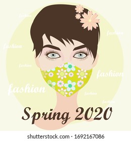 Fashion, spring 2020, stylish girl in a mask, protection against coronavirus, isolation, medical mask, vector flat illustration, quarantine concept.