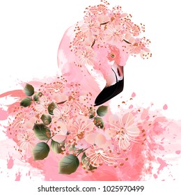 Fashion spring illustration with pink flamingo and flowers. Ideal for T-shirts design