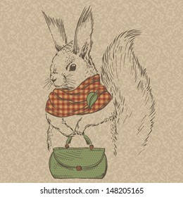 Fashion Squirrel in Scarf with Bag, Vector Illustration