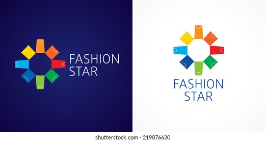 Fashion star branding vector logo. Template sign for shopping center in the shape of flowers of colorful shopping bags. Online store icon, shop and gifts symbol. Set of colored packages and presents.