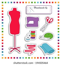 Fashion Stickers for diy sewing, tailoring, dressmaking, crafts: label with copy space, needle, thread, scissors, sewing machine, bobbins. tape measure, ribbon, fabric. Rainbow frame.  EPS8.