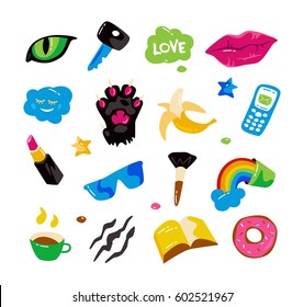 Fashion stickers with lips, cat paw, cat eye and other elements. Colorful graphics in hand drawings style. Isolated on white background