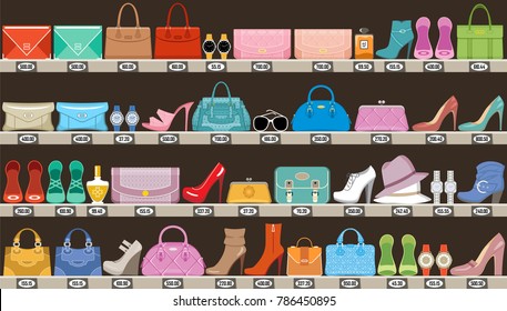 Fashion store. Boutique of accessories, bags and footwear. Vector illustration